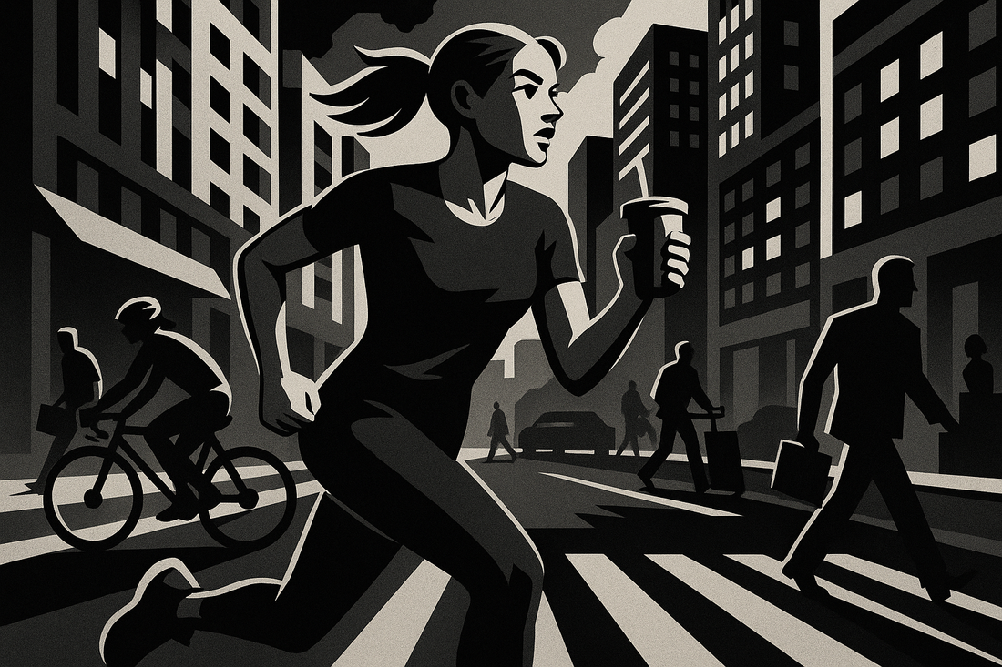Neo-noir illustration of a woman jogging through a bustling city street while holding a drink, surrounded by cyclists and pedestrians amidst tall buildings.