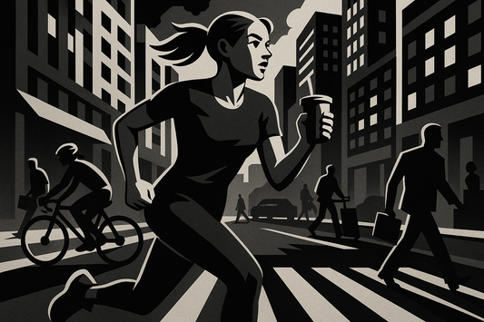 Neo-noir illustration of a woman jogging through a bustling city street while holding a drink, surrounded by cyclists and pedestrians amidst tall buildings.