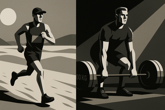 Split-screen neo-noir illustration of a man running a desert marathon on the left and deadlifting 200KG on the right.