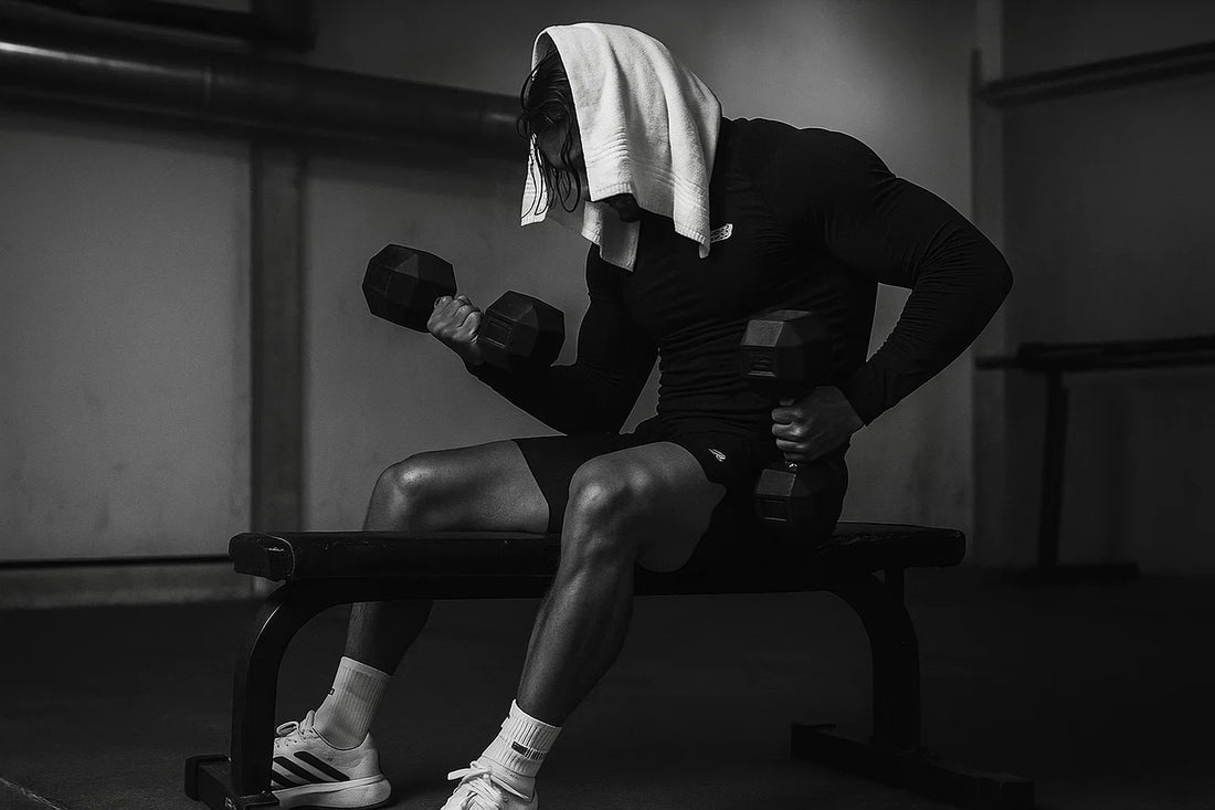 Focused athlete lifting weights in a minimalist gym environment.