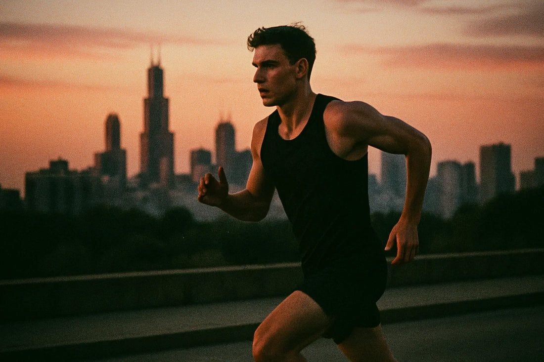 Hybrid athlete running through Singapore city at sunrise, showcasing strength and endurance.