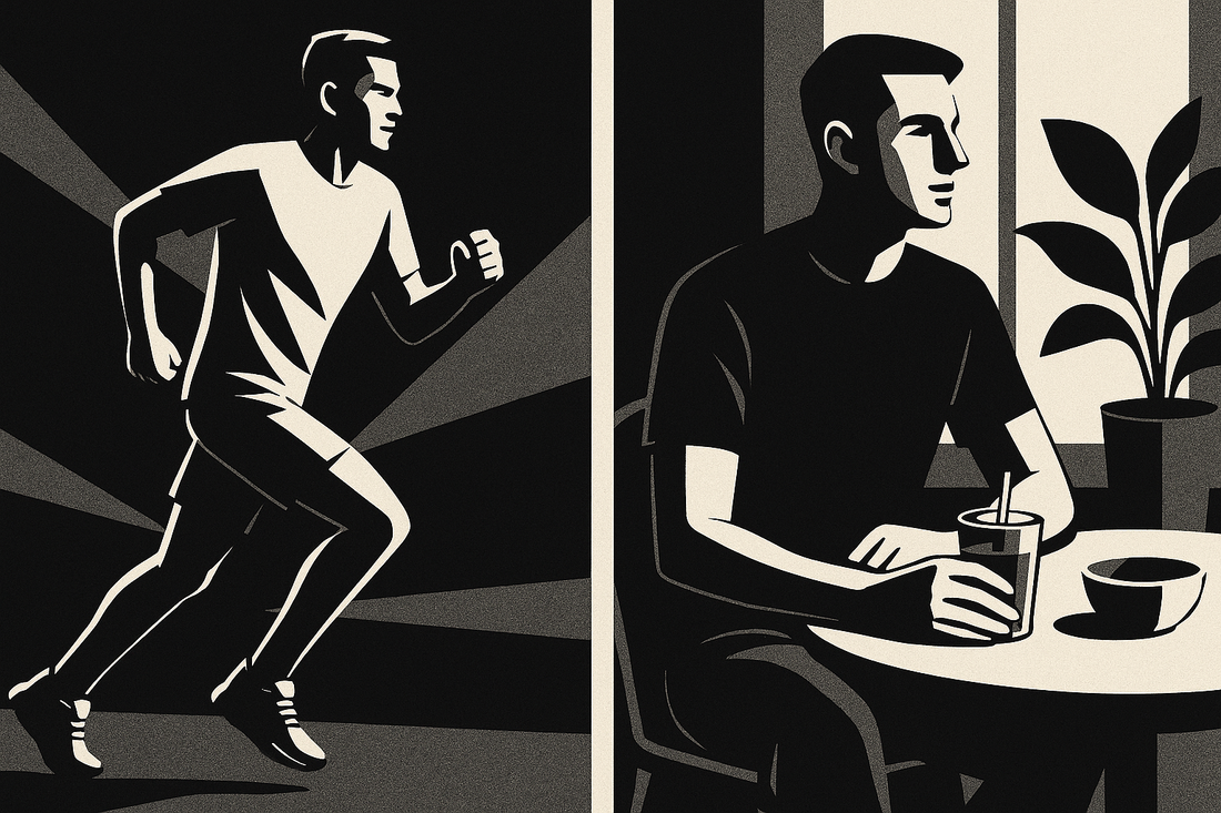 Split-screen neo-noir illustration of a man running on the left and sitting with a drink at a fitness café on the right.