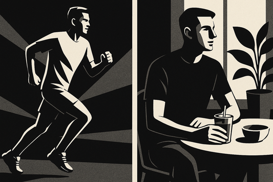 Split-screen neo-noir illustration of a man running on the left and sitting with a drink at a fitness café on the right.