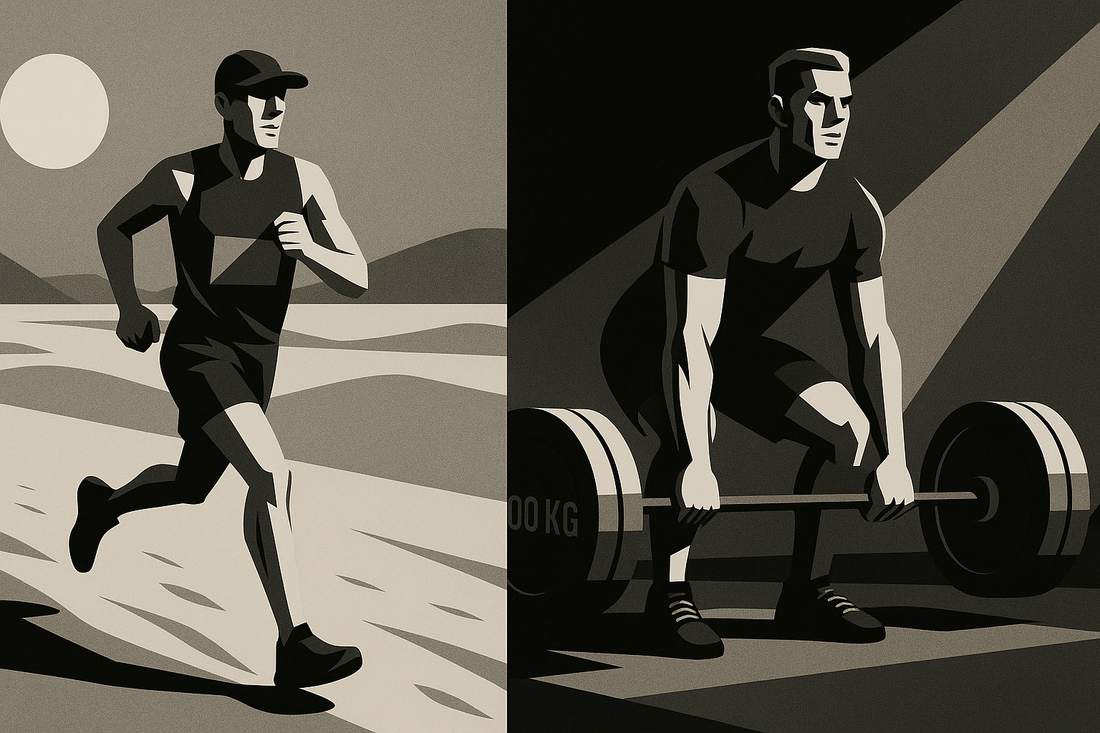 Split-screen neo-noir illustration of a man running a desert marathon on the left and deadlifting 200KG on the right.